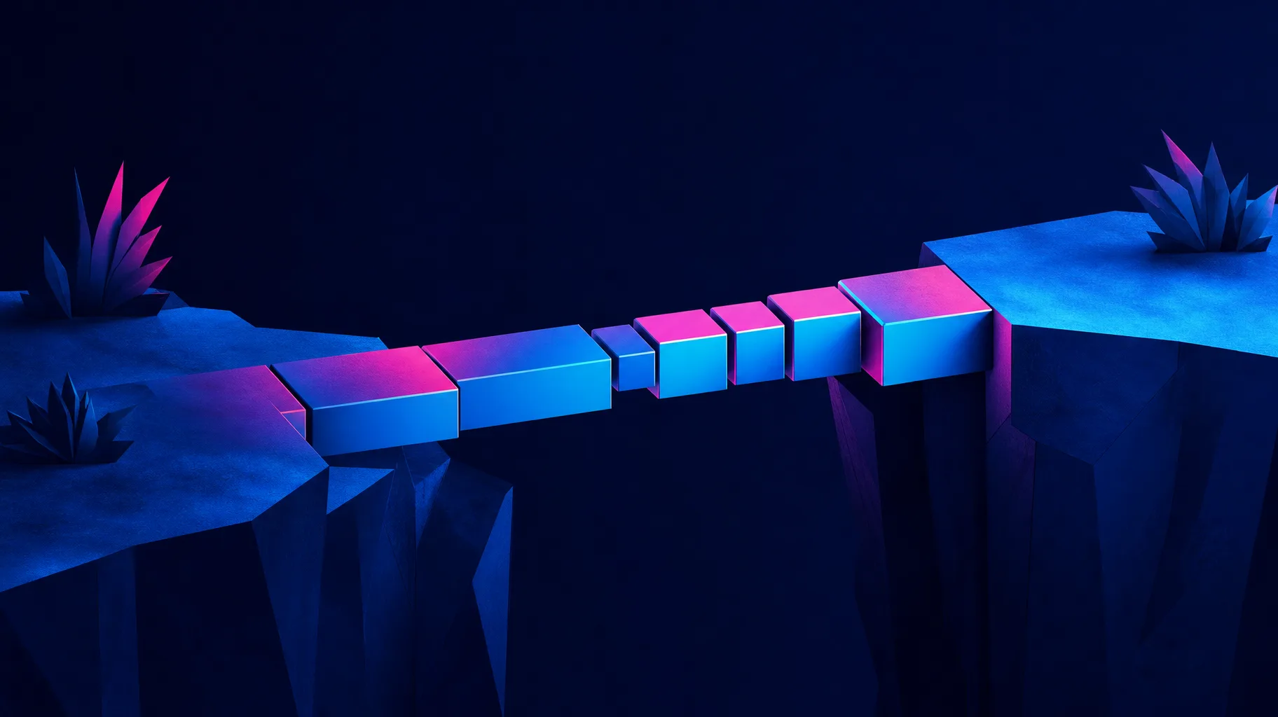 A conceptual illustration of a skills gap being bridged by structured modular blocks, in deep navy with vivid cyan and magenta highlights