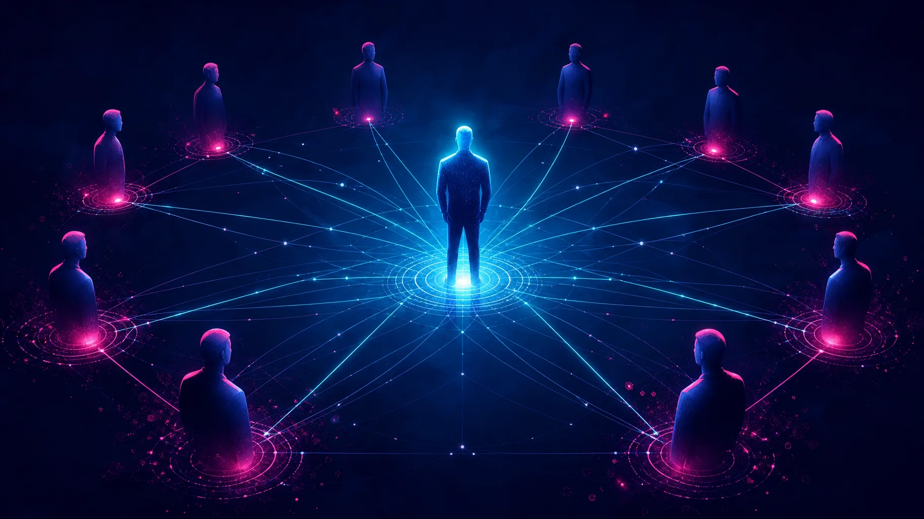 An abstract editorial illustration of a manager figure at the centre of a network of human connections, rendered in deep navy with electric cyan highlights, representing the role of line managers in psychosocial risk management