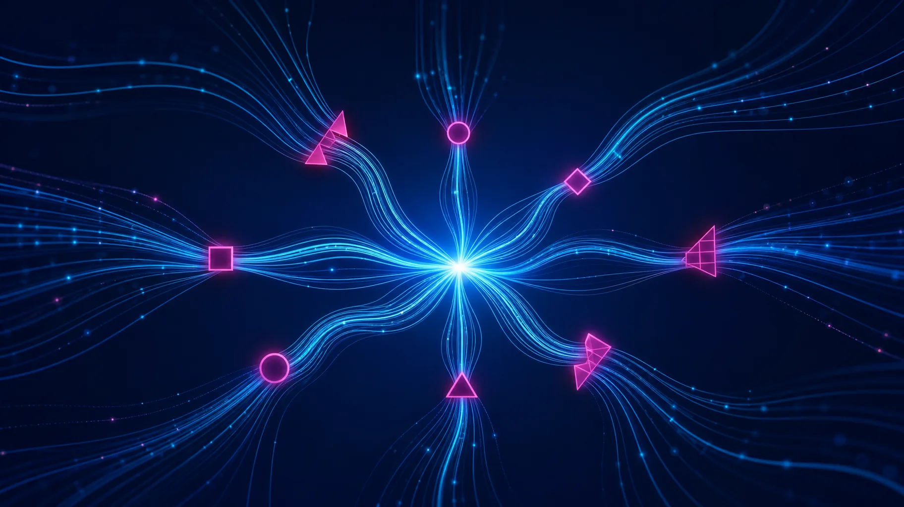 A visual metaphor showing interconnected data flows and structured pathways converging into a single clear output, rendered in deep navy with electric cyan and magenta accents