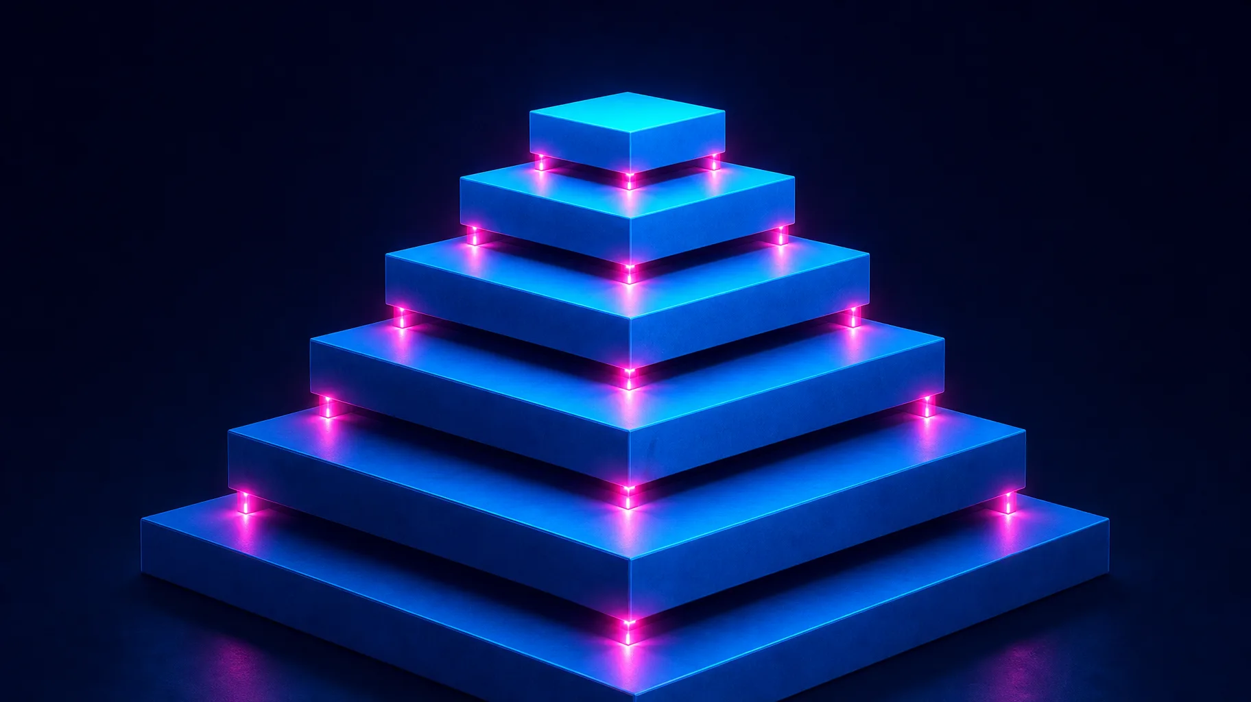 A structured visual showing layered building blocks assembled from foundation upward, with glowing connection points at each layer, in deep navy and electric cyan tones