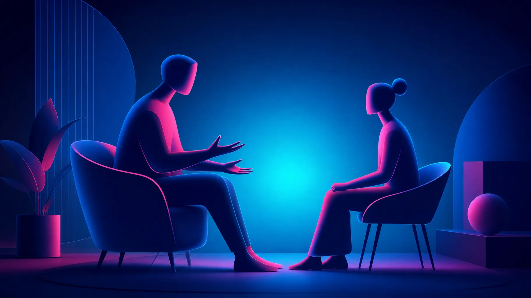 A modern editorial illustration of a line manager and employee in a thoughtful one-to-one conversation, abstract and unlabelled, rendered in deep navy with electric cyan and vivid magenta accents